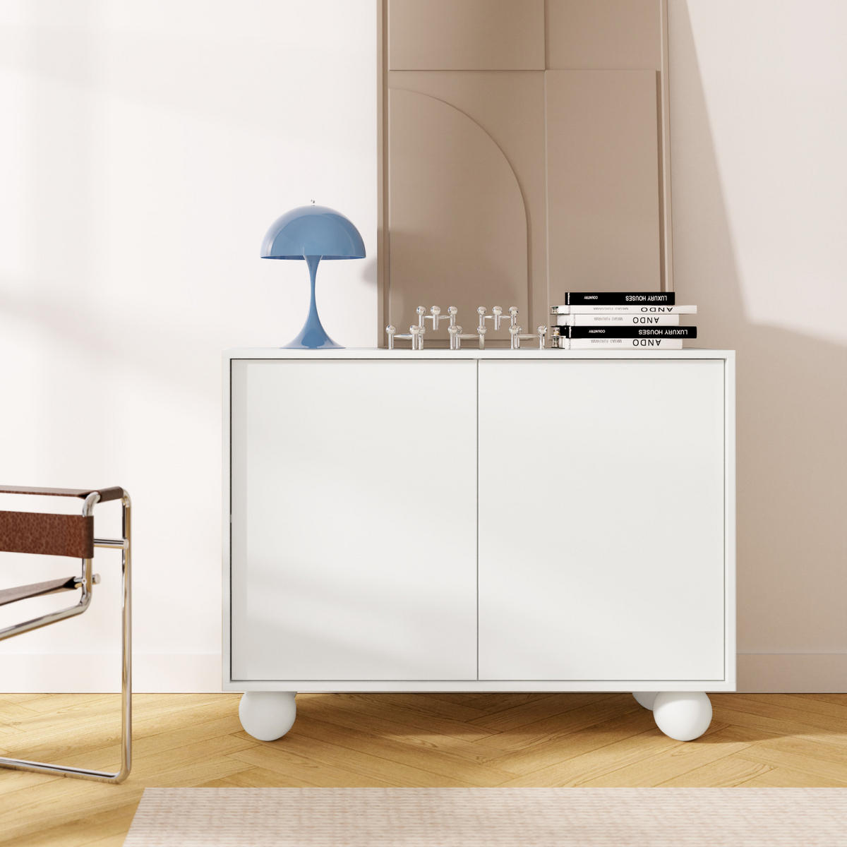 KOMODA Adel se 2 dvířky a kulatými nožkami, 104 cm, bezúchytková, bílá - bílá, kompozitní dřevo (104/81/38cm) - Beautysofa