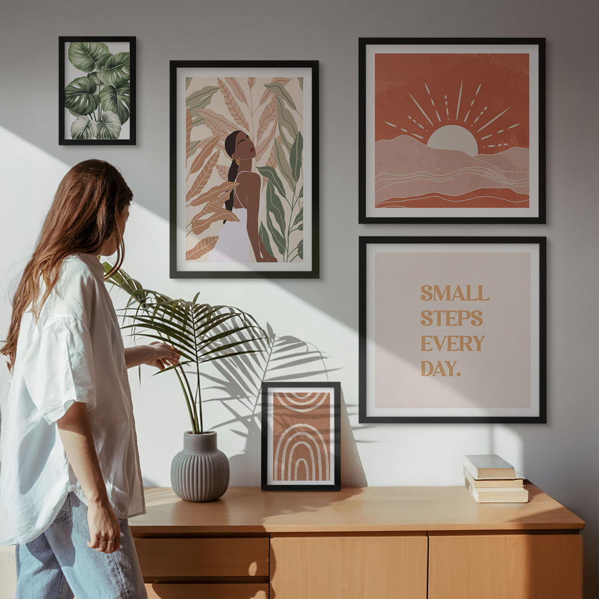 WANDBILDER 5er-Set - 50x50 cm & 20x30 cm & 40x60 cm Schwarzer Rahmen - abstrakte Formen im Boho-Stil - Schwarz, Kunststoff (40/60cm) - ArtPrintCave