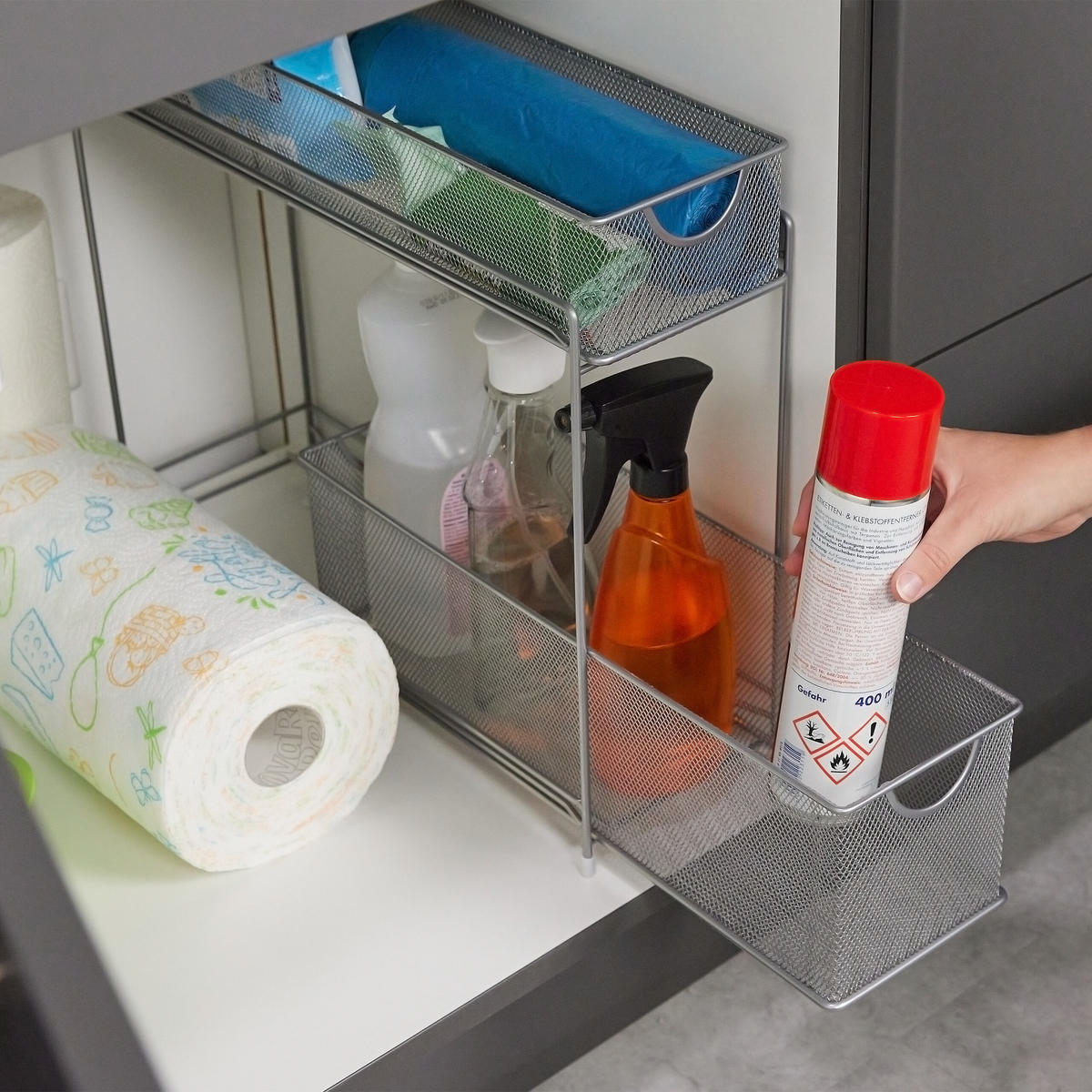 ORGANIZÉR do kuchynskej skrinky - strieborná, kov/plast (15/40/46cm) - Relaxdays