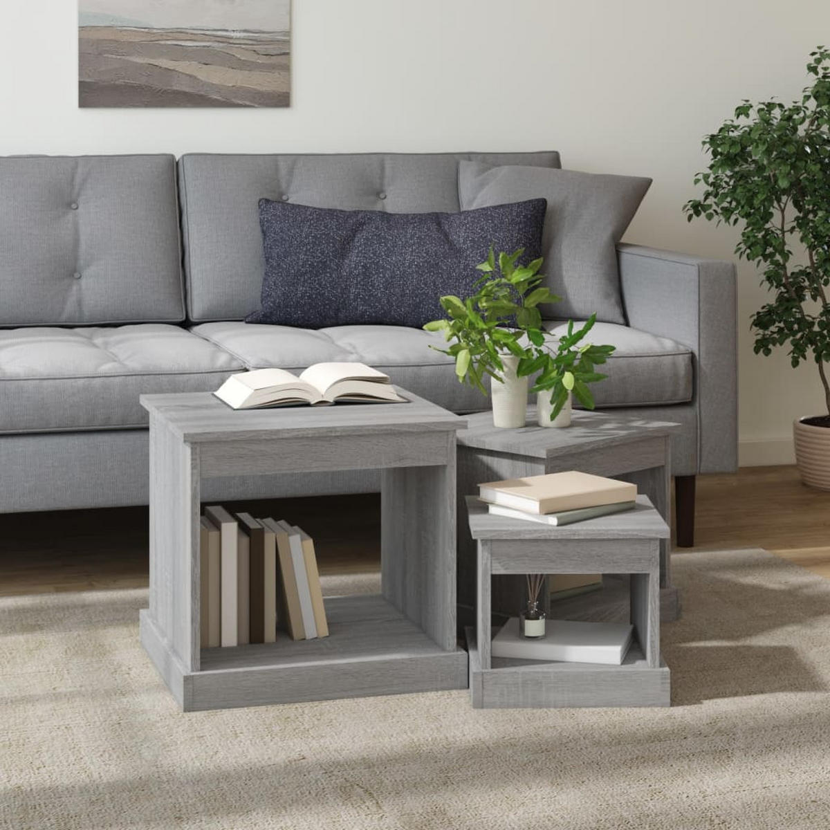 COUCHTISCHE 3 Stk. Grau Sonoma Holzwerkstoff - Grau, Holzwerkstoff (48/45/45cm) - furnicato