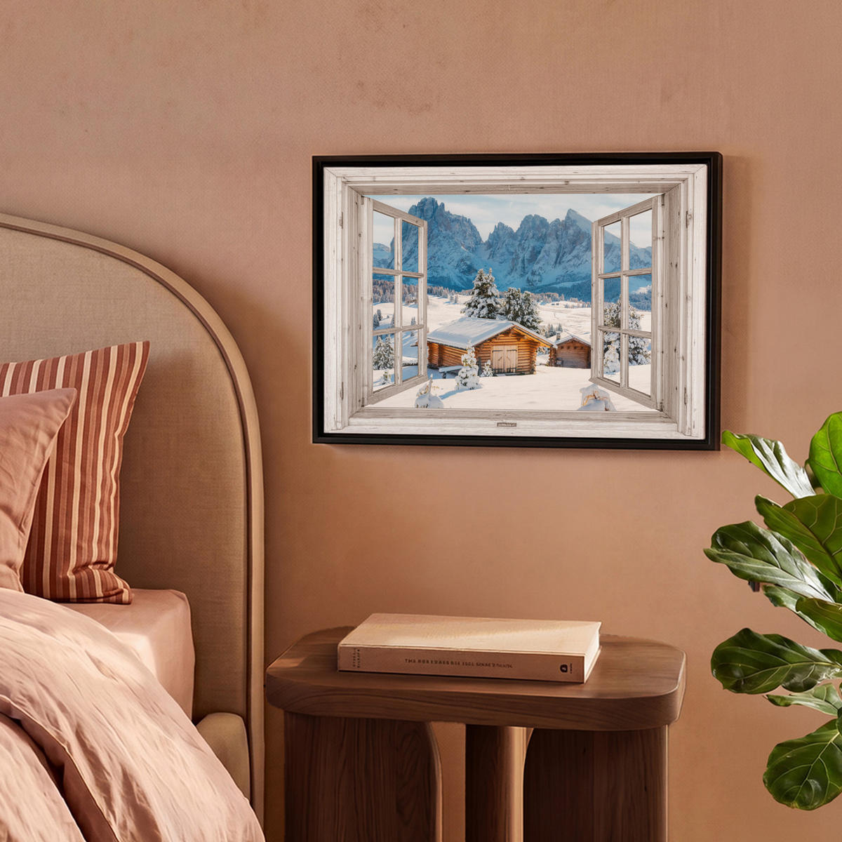 LEINWAND Bilder mit Rahmen - Winterlandschaft - Hütte - Berge - Ausblicke - Aussicht - Natur - 40x30 - Weiß Hochglanz, Textil (40/30cm) - MuchoWow