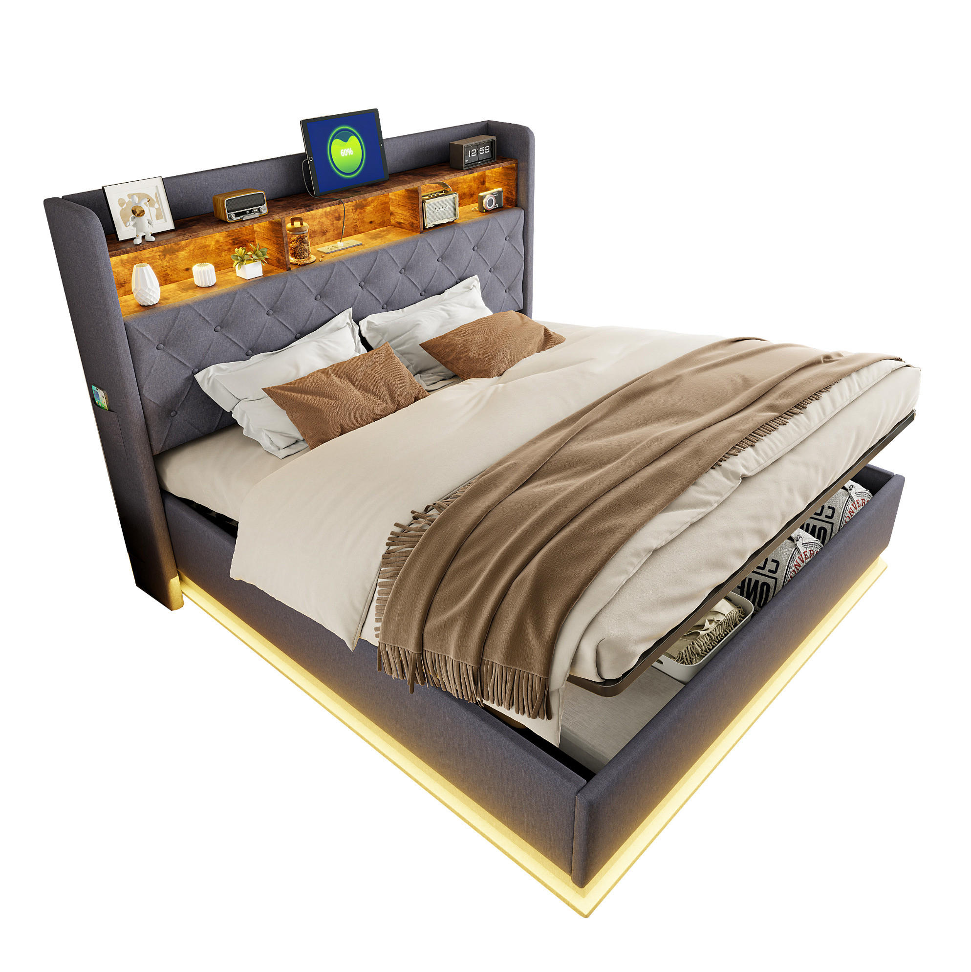 Modfu ČALOUNĚNÁ postel z látky 180x200 cm šedá s LED osvětlením, USB portem a hydraulickým úložným prostorem