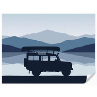 KINDERTAPETE - Auto - See - Berge - Blau - 280x200 cm - Blaugrau, Papier (280/200cm) - OnlyWow