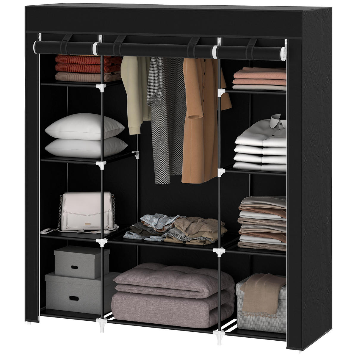 STOFFSCHRANK aus Vlies, Faltschrank, 1 Kleiderstange, 9 Regale, 150 cm x 43 cm x 162,5 cm, Schwarz - Schwarz, Metall (150/162.5/43cm)