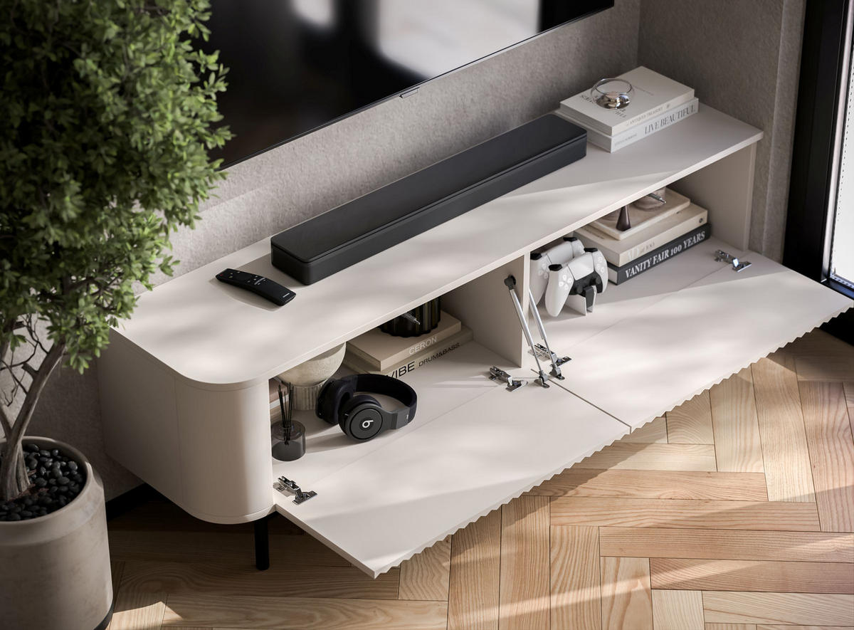TV komoda Aurora matná kašmírová 140 cm s kovovým rámom - čierna/kašmírová, kov/kompozitné drevo (140/44/35cm) - Meble Lindner