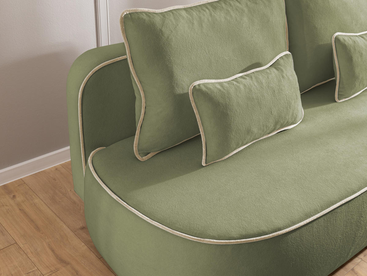 SCHLAFSOFA Vero im modernen und abgerundeten Design mit Bettkasten aus Olivgrün Plüschstoff mit beiger Paspel - Schwarz/Olivgrün, Holz/Kunststoff (210/90/98cm) - S-Style Möbel