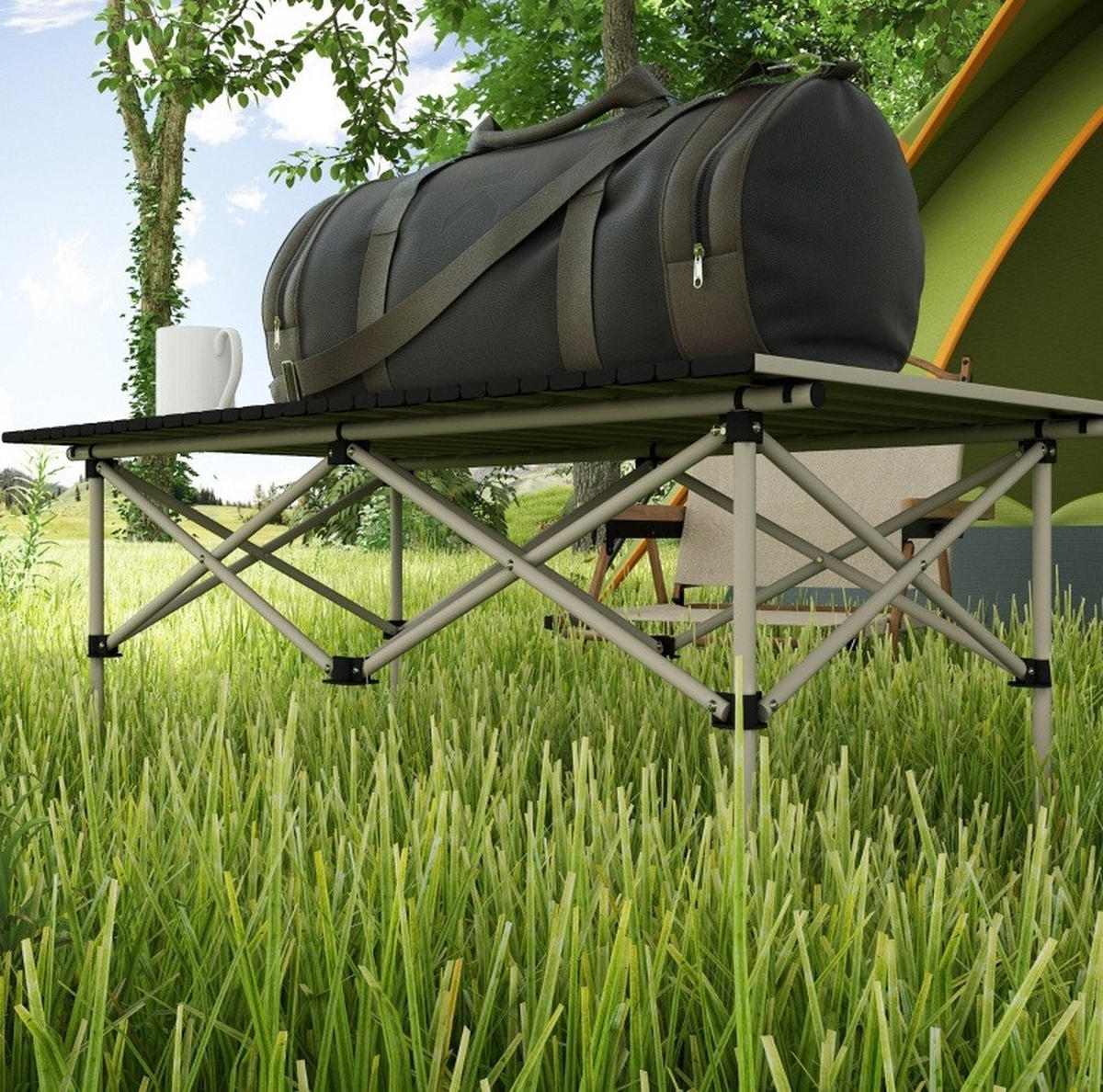 CAMPINGTISCH 95/55/50 cm klappbar mit rollbarer Tischplatte, X-Gestell aus Aluminium, Khaki - Beige, Metall (95/55/50cm) - Redom