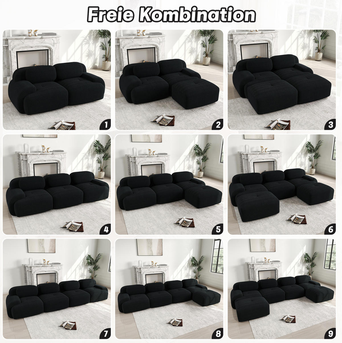 MODULARES Ecksofa aus Cordstoff Schwarz 298x178x70 cm mit Hockern und geschwungenen Armlehnen - Schwarz, Textil (178/298cm) - IVMEU