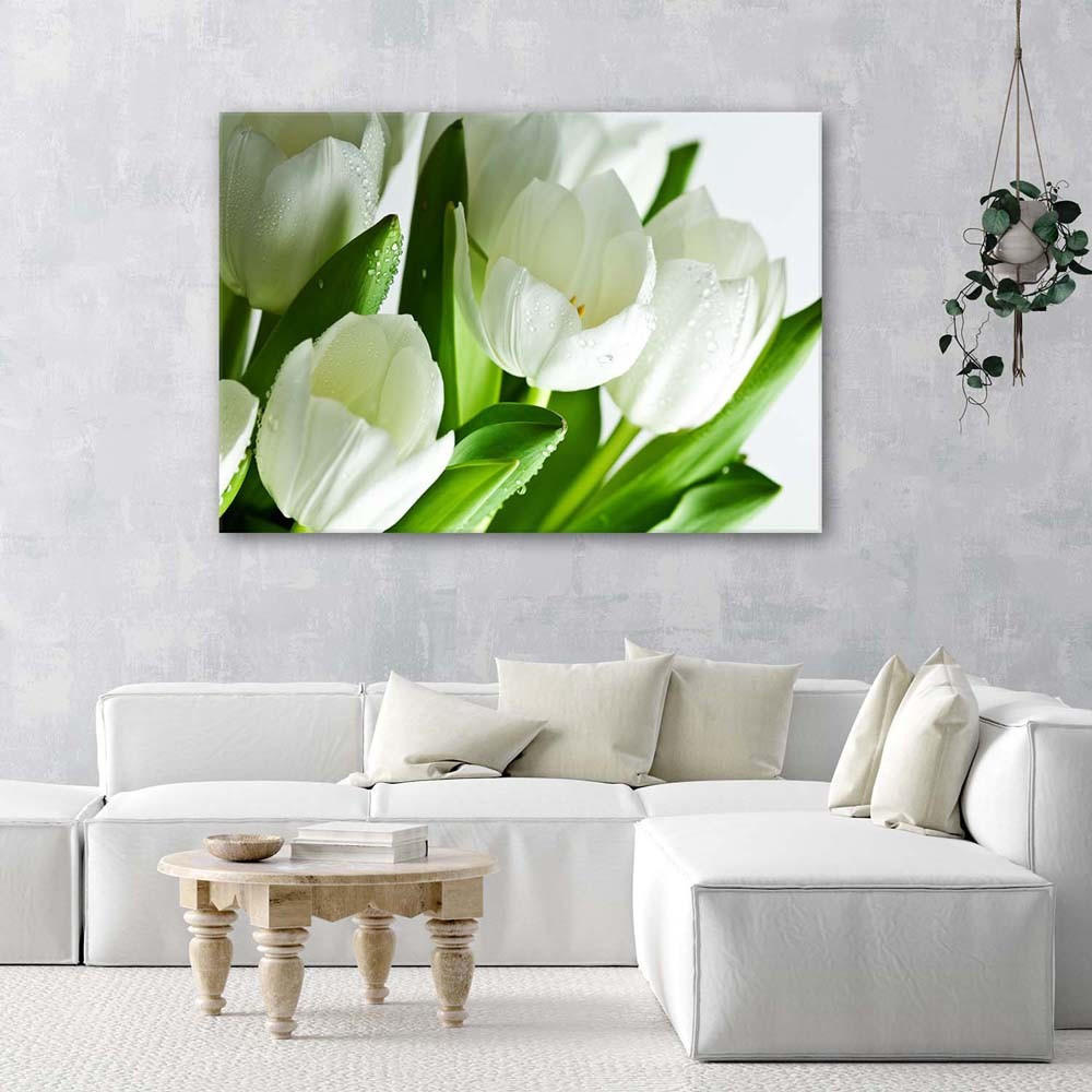 LEINWANDBILD Weiße Tulpen 100x70cm - Grün, Textil (100/70cm) - Feeby