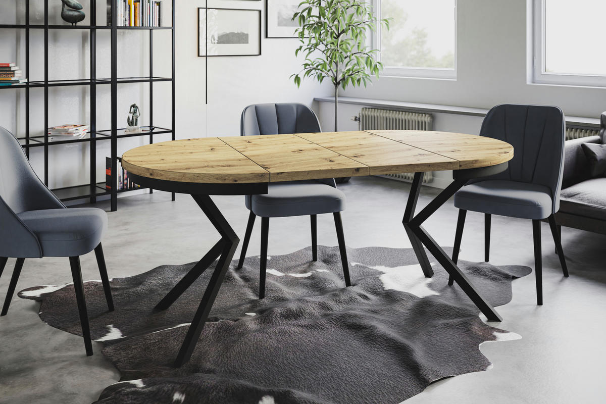 ESSZIMMERTISCH BERGO, ausziehbarer Tisch 100 cm/180 cm, Farbe: Mattbraun, mit Metallbeinen in Farbe Schwarz - Hellbraun/Schwarz, Holzwerkstoff (100/100/76cm) - Alpi-Möbel