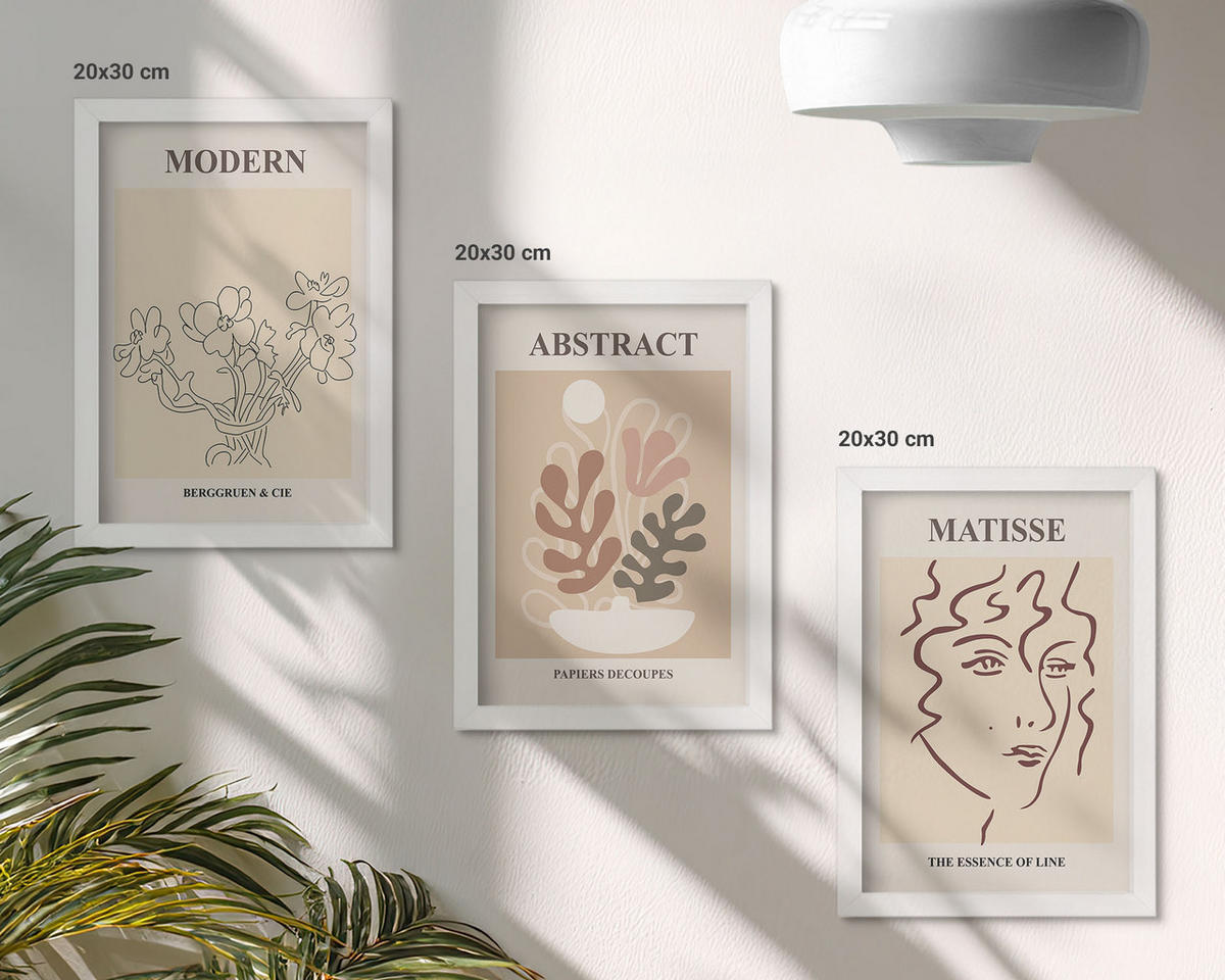 WANDBILDER 3er-Set - 20x30 cm Weißer Rahmen - Moderne Pflanzenlinien - Weiß, Kunststoff (20/30cm) - ArtPrintCave