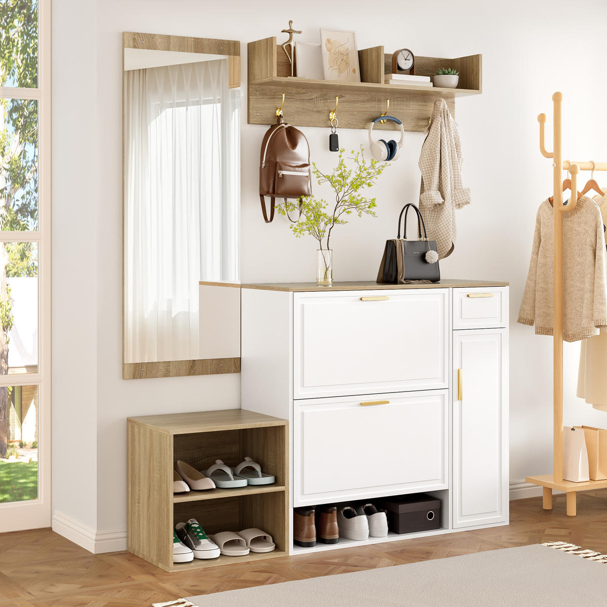 SCHUHSCHRANK aus Spanplatte 139,5x35x166cm in Weiß mit 4-teiligem - Weiß, Holzwerkstoff (139.5/166/35cm) - Modfu