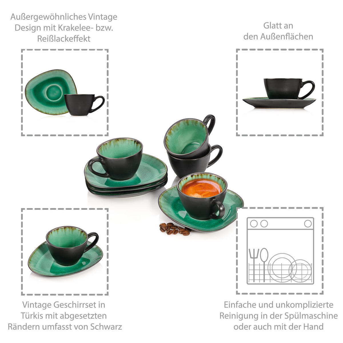 ESPRESSOTASSEN SET PALM BEACH - 8 teilig aus Steingut - Grün, Keramik (0.1L) - Sänger