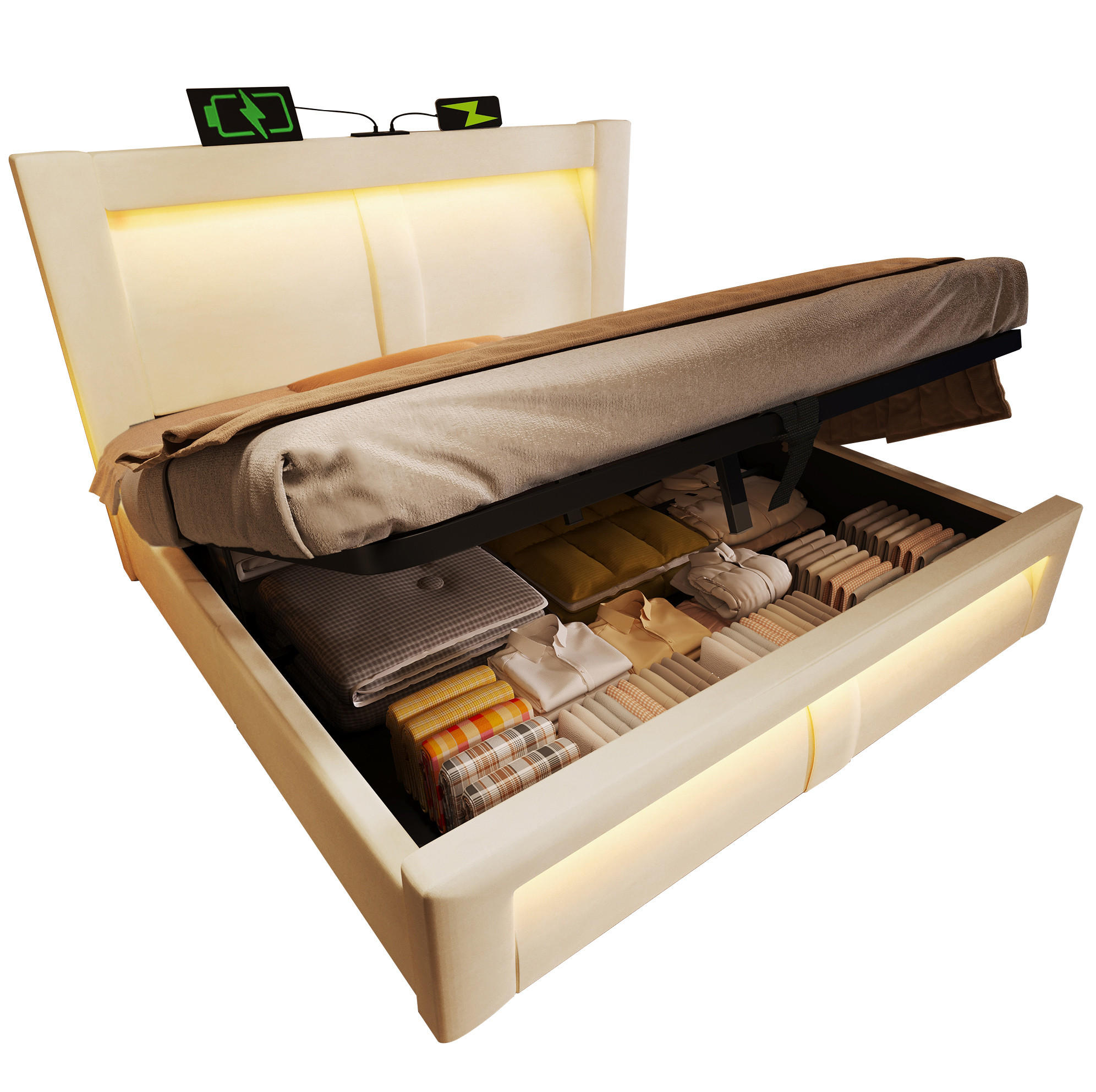 ČALÚNENÁ posteľ 180/200 cm béžová zamatová s úložným priestorom LED osvetlením a USB nabíjaním - béžová, textil (180/200cm) - OKWISH