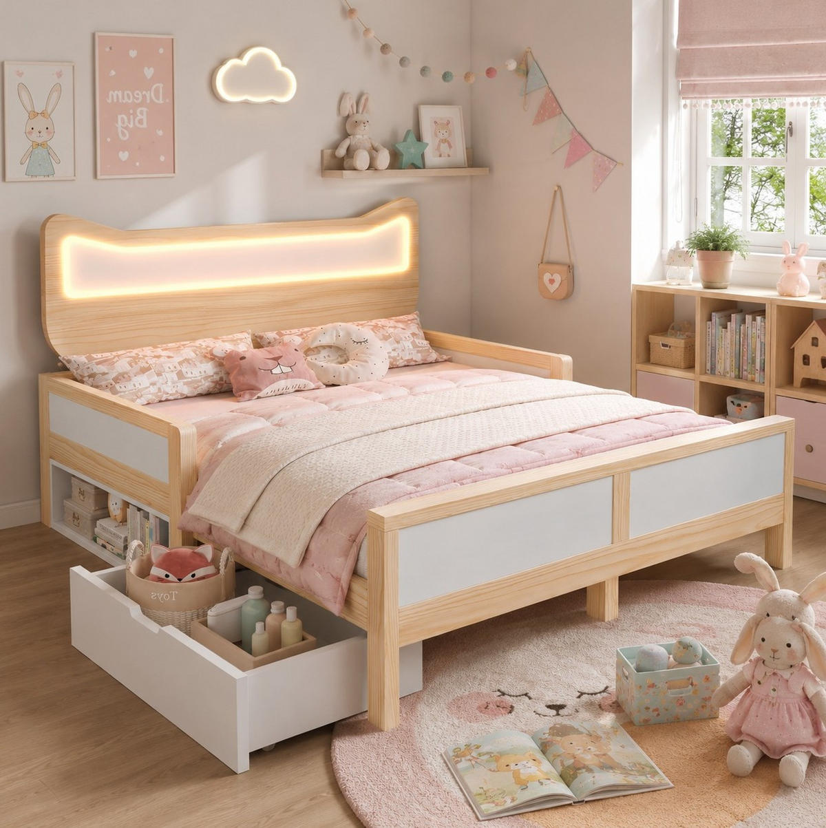 KINDERBETT 140/200 cm aus Holz mit LED-Katzenkopfteil und Stauraum Weiß/Eiche - Eichefarben, Holz (140/200cm) - Modenvie