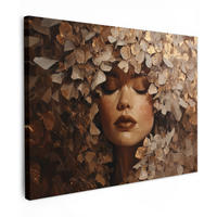 LEINWANDBILD Gesicht - Dame - Blätter - Pinselstriche Wandbilder 80x60 cm - Goldfarben, Textil (80/60cm) - MuchoWow