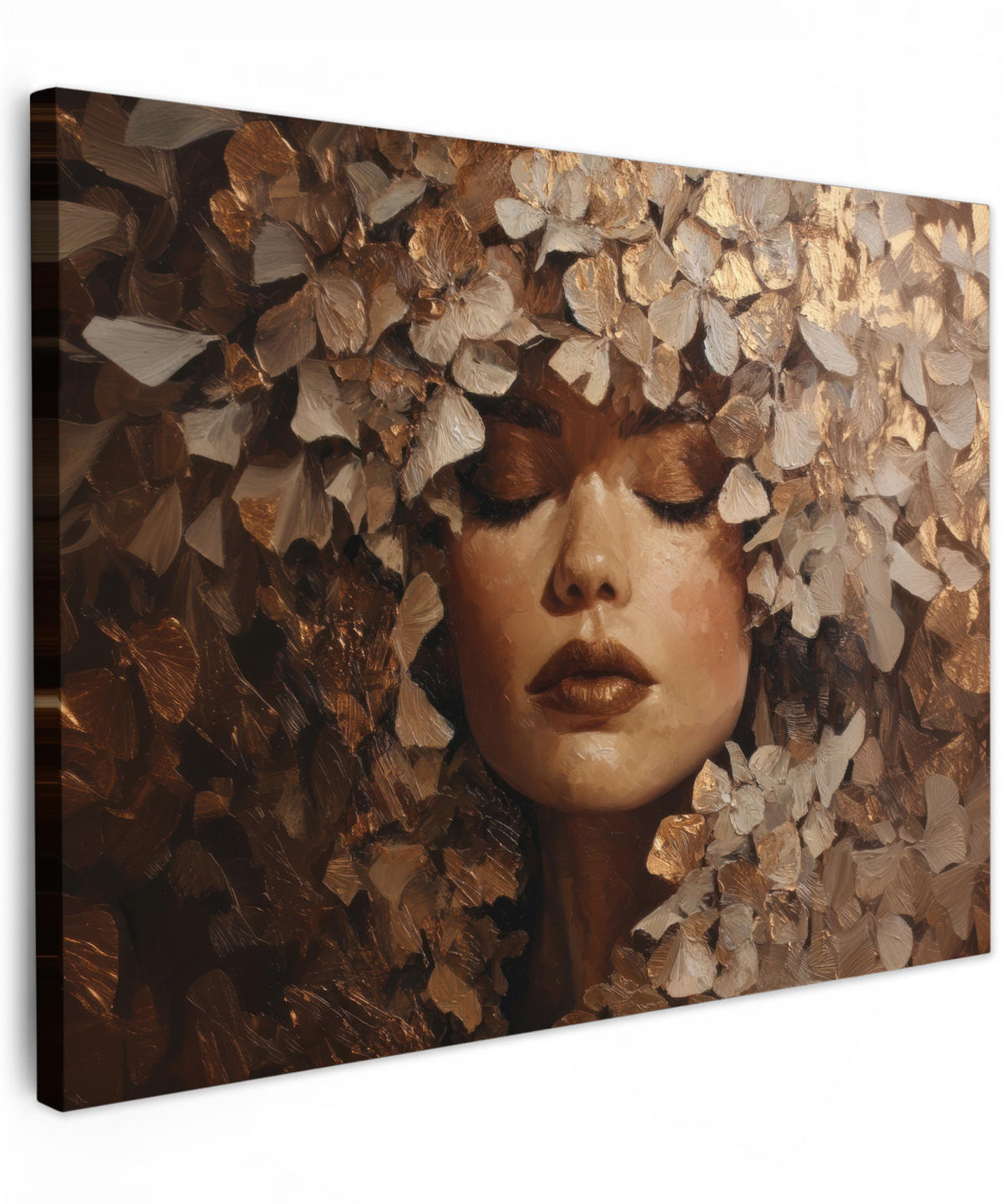 LEINWANDBILD Gesicht - Dame - Blätter - Pinselstriche Wandbilder 80x60 cm - Goldfarben, Textil (80/60cm) - MuchoWow
