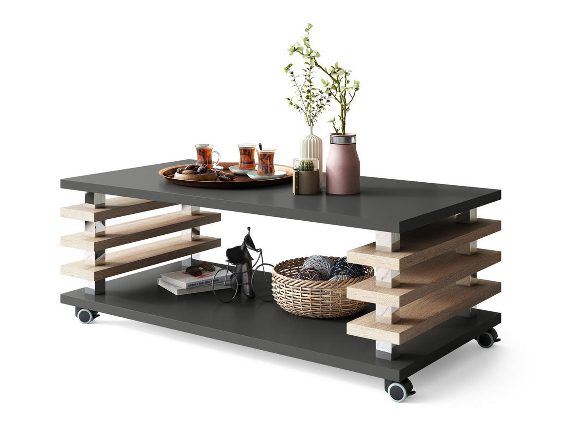 COUCHTISCH rechteckig Anthrazit matt - Sonoma Eiche Ablage Rollen - Anthrazit/Sonoma Eiche, Holzwerkstoff (60/120/45cm) - designimpex