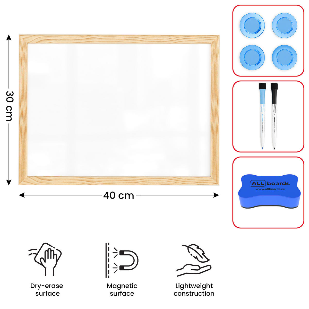 WHITEBOARD Magnetisch mit Naturholzrahmen 30x40cm - Weiß, Metall (30/40/1.5cm) - ALLboards
