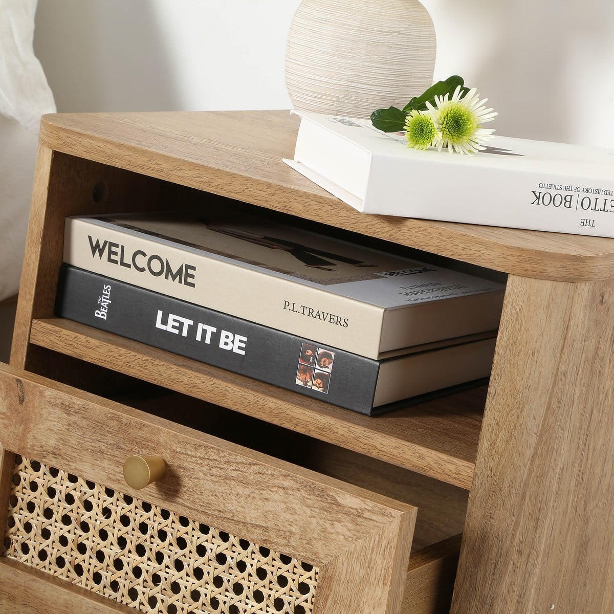 NACHTTISCH 1 schublade mit rattanfront und 1 fach palmo 39/39/49 cm - Eschefarben, Holzwerkstoff (39/49/39cm) - Calicosy