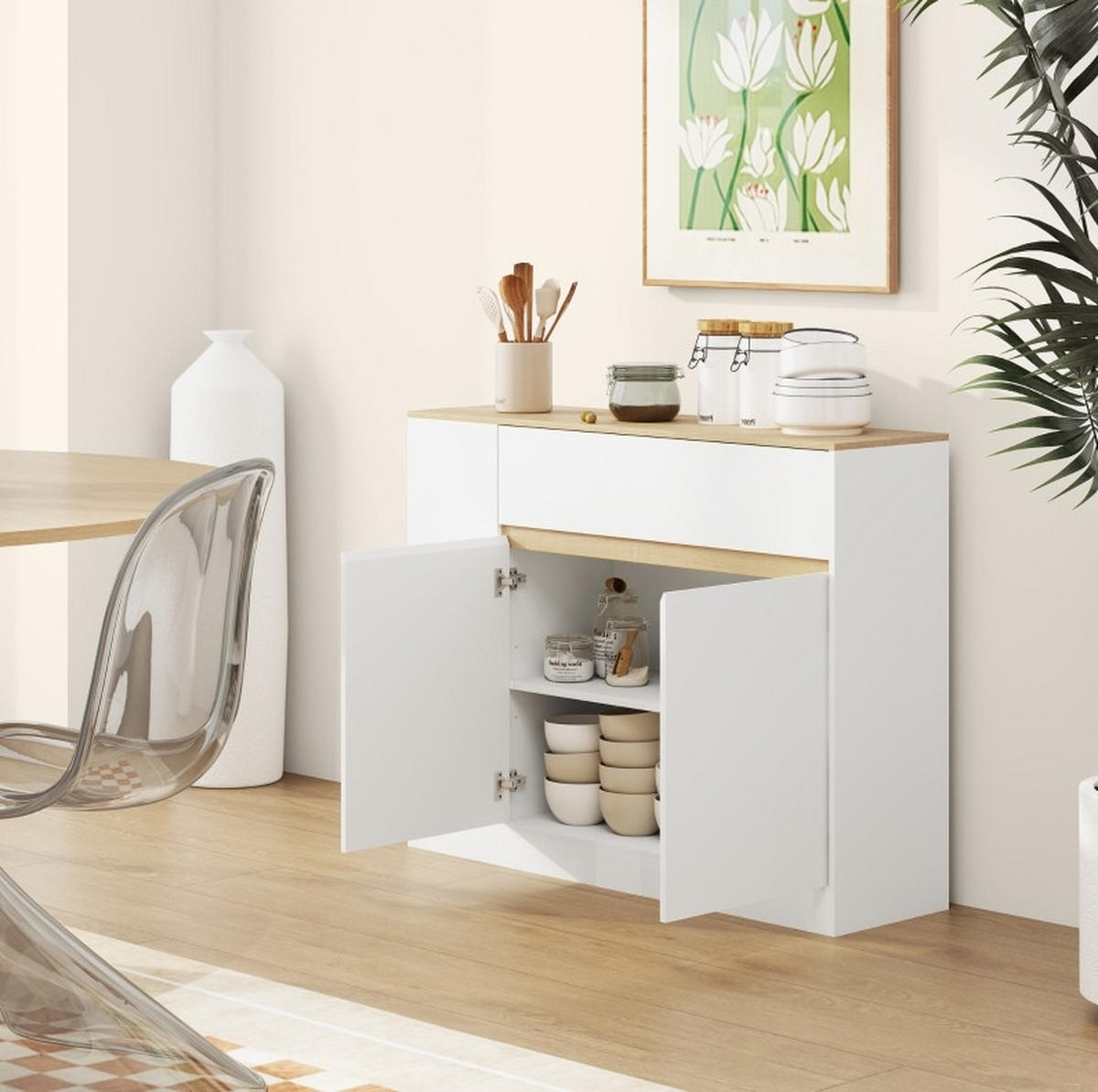 SIDEBOARD 105/30/81,5 cm mit Schublade, verstellbaren Einlegeböden und Kippschutz, Weiß - Weiß, Holz (105/81.5/30cm) - Redom