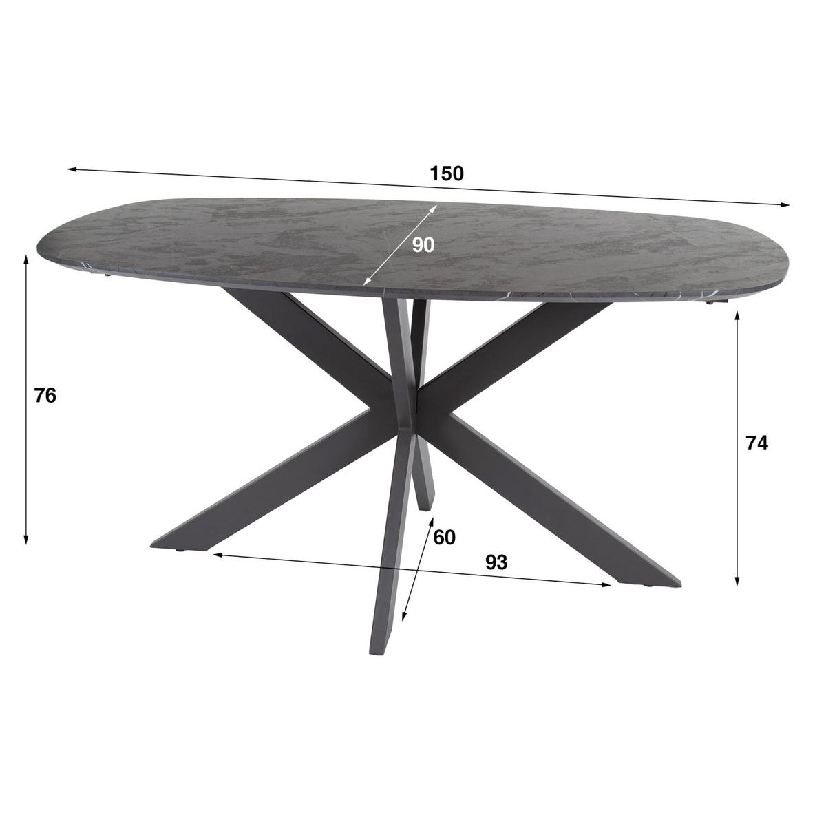 ESSTISCH ONYX CROCE PICCOLO Kompakter Dänisch-Ovaler Tisch in Graphit-Steinoptik 150 cm - Schwarz, Holz (150/90/76cm) - alesvelt