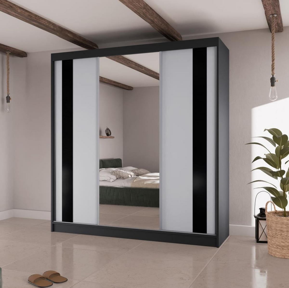 SCHWEBETÜRENSCHRANK Como II 200/61/215 schwarz+weiß - Schwarz/Weiß, Holzwerkstoff (200/215/61cm) - Beautysofa