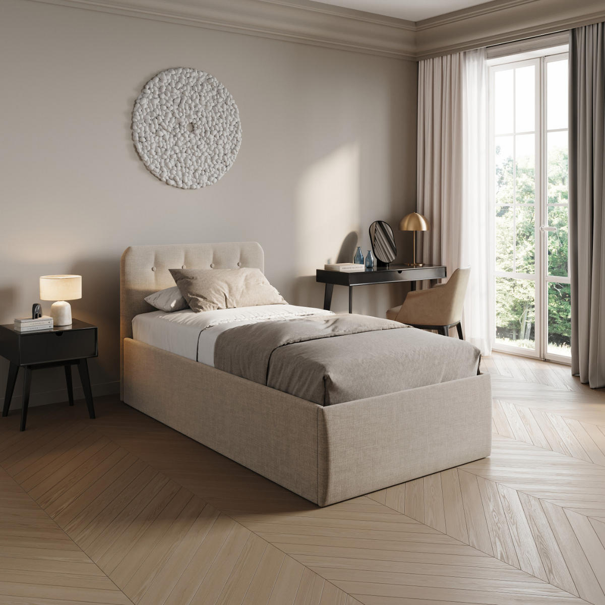 POLSTERBETT mit verstellbarem Lattenrost & Bettkasten, Kaltschaummatratze, 100 x 200 cm in Creme - Creme, Holzwerkstoff/Textil (100/200cm) - Home Collective