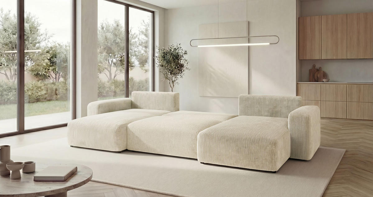 WOHNLANDSCHAFT BERLIN U-Form weiß Cord Poso 100 - Schlaffunktion, Bettkasten - Weiß, Textil (385/86/185cm) - Cornero