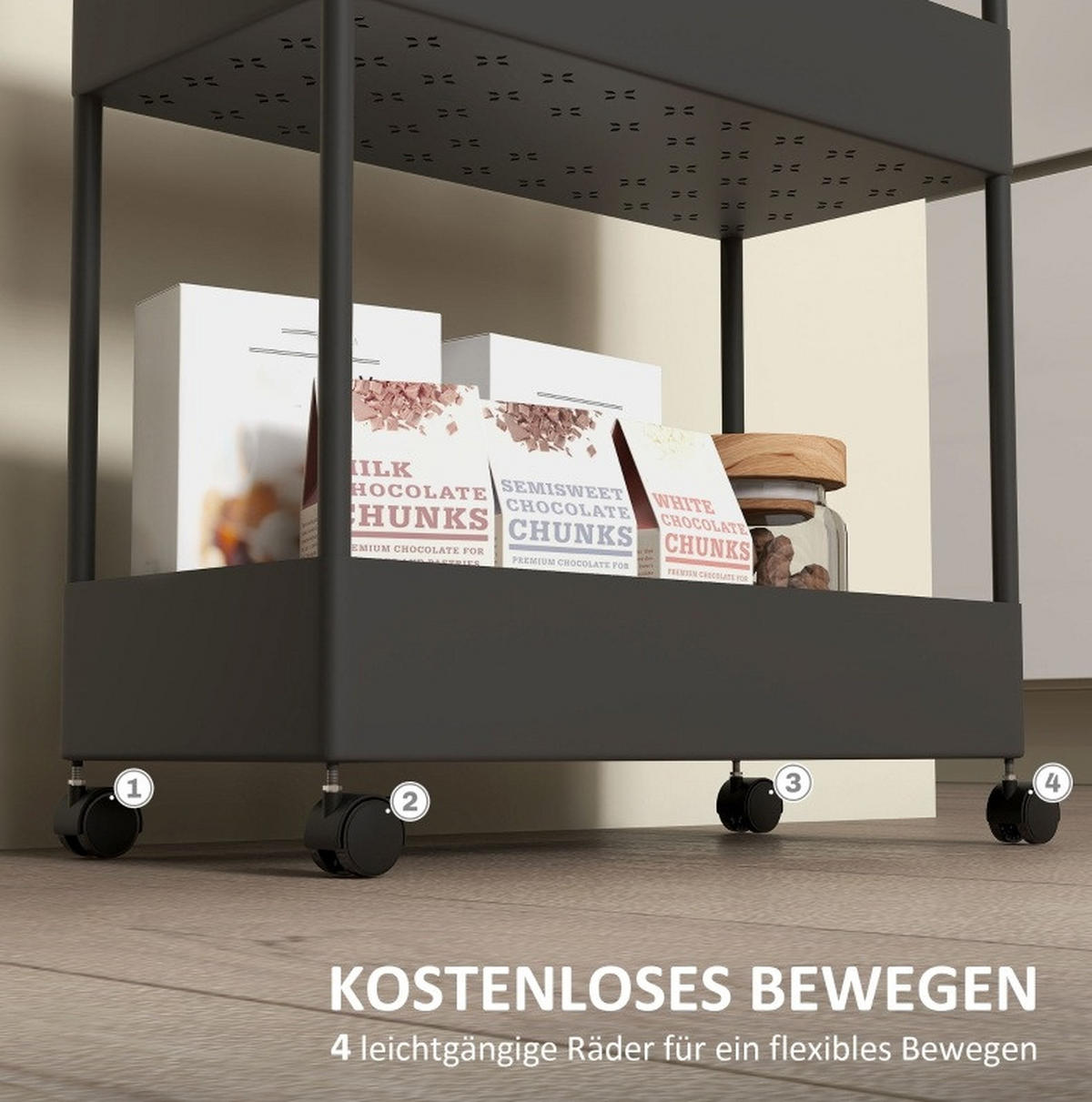 SERVIERWAGEN 40/19/90 cm mit 4 Ebenen, Rollen mit Bremsen und Haken, aus Stahl und ABS, Schwarz - Schwarz, Metall (40/90/19cm) - Redom