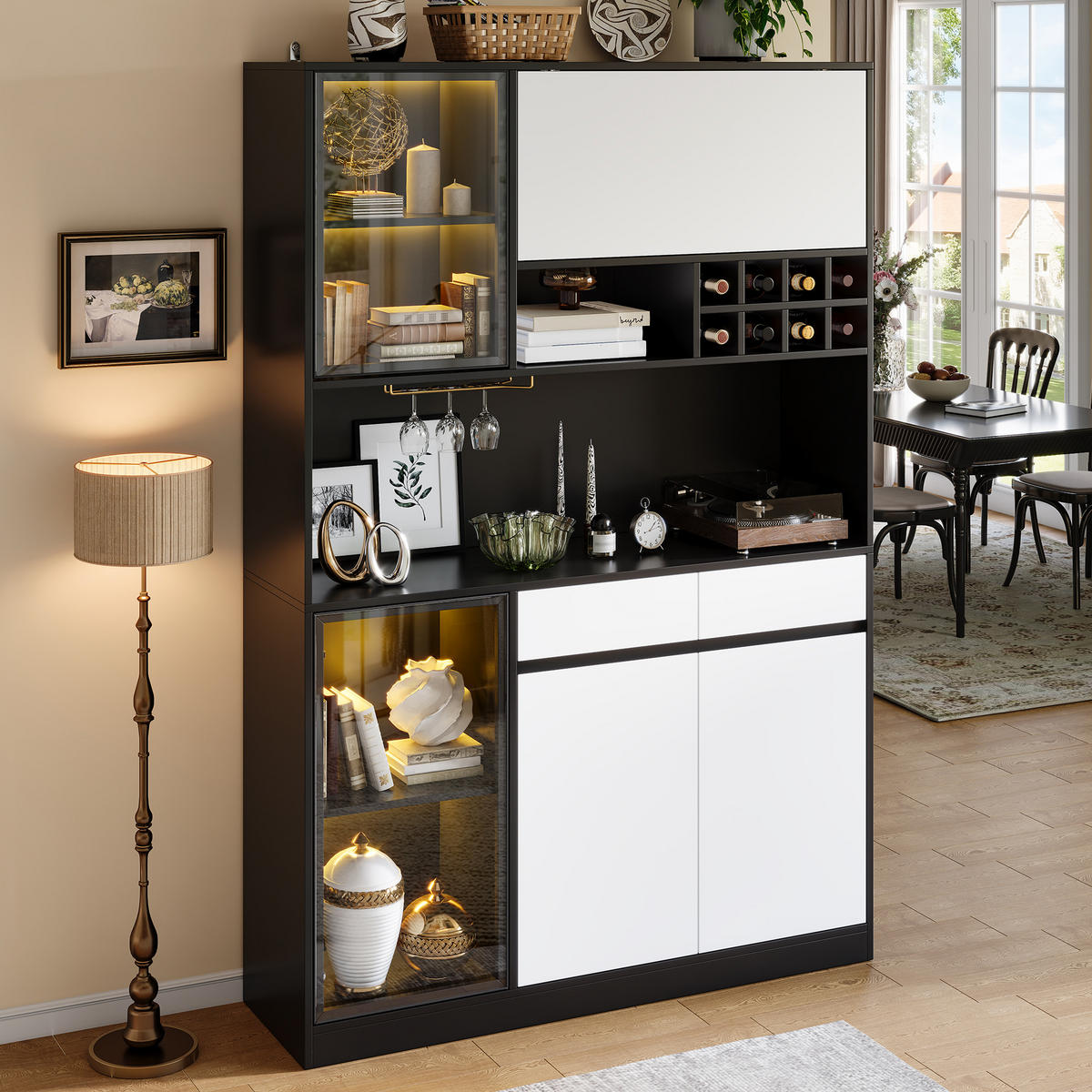 HOCHSCHRANK mit LED, Türen und Schubladen - Schwarz/Weiß, Holzwerkstoff (120/180/35cm) - FLIEKS