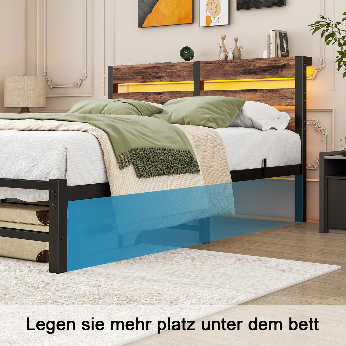 METALLBETT 120x200 cm LED USB Stauraum - Schwarz, Metall (120/200cm) - Fortuna Lai