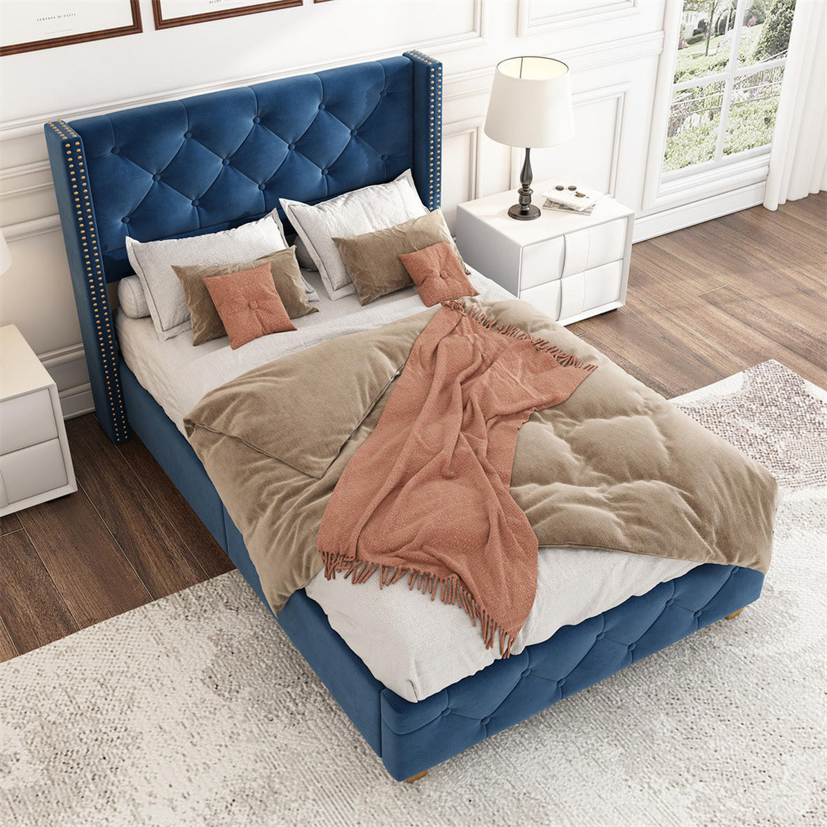 POLSTERBETT 90/200 cm in Blau Samt - Blau, Holz/Textil (90/200cm) - KOMHTOM