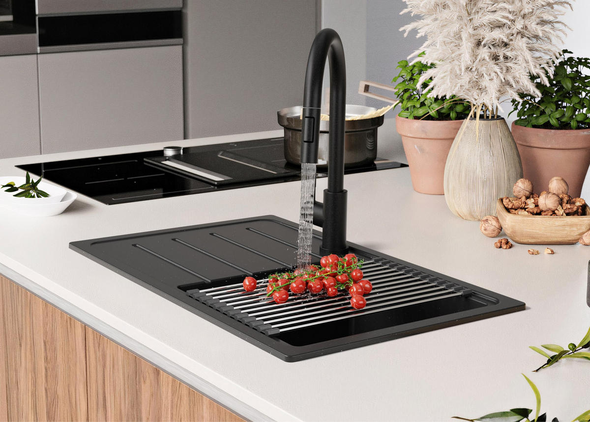 SPÜLBECKEN Kopenhagen Easy, 2-er set Schwarz Metallic 70/44 cm 1 Becken + Ablauf-Set ab 45er Unterschrank - Chromfarben/Schwarz Hochglanz, Kunststoff (70/20/44cm) - Primagran