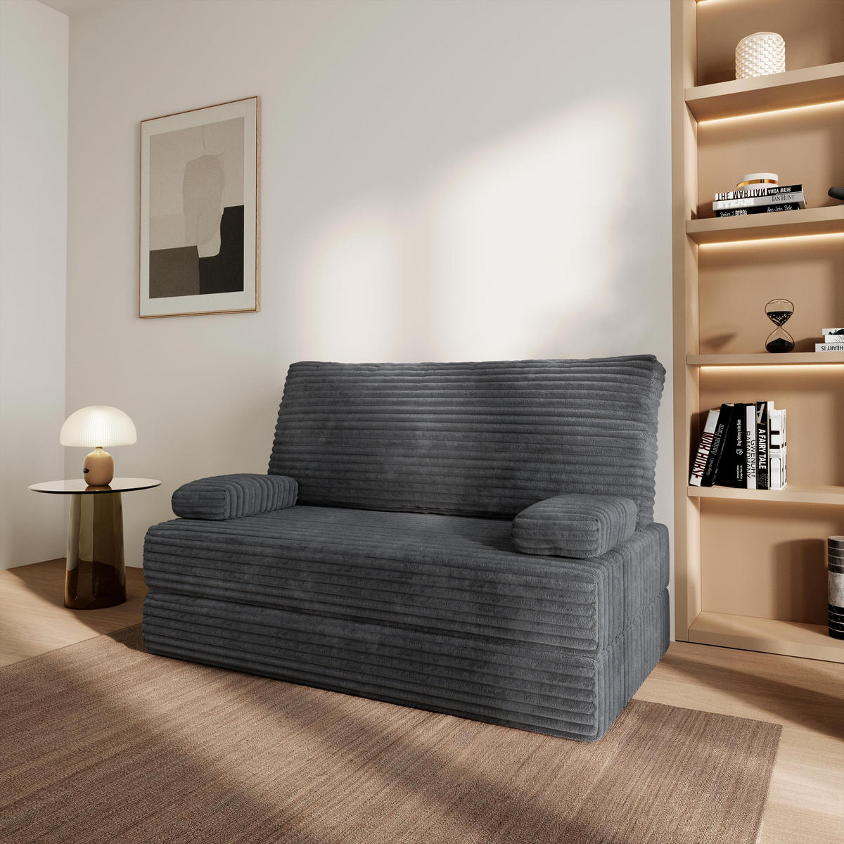 POHOVKA z pěny LADIA s funkcí spaní Manšestrová látka Grafitová - tmavě šedá/antracitová, textil (140/86/60cm) - MASSENO