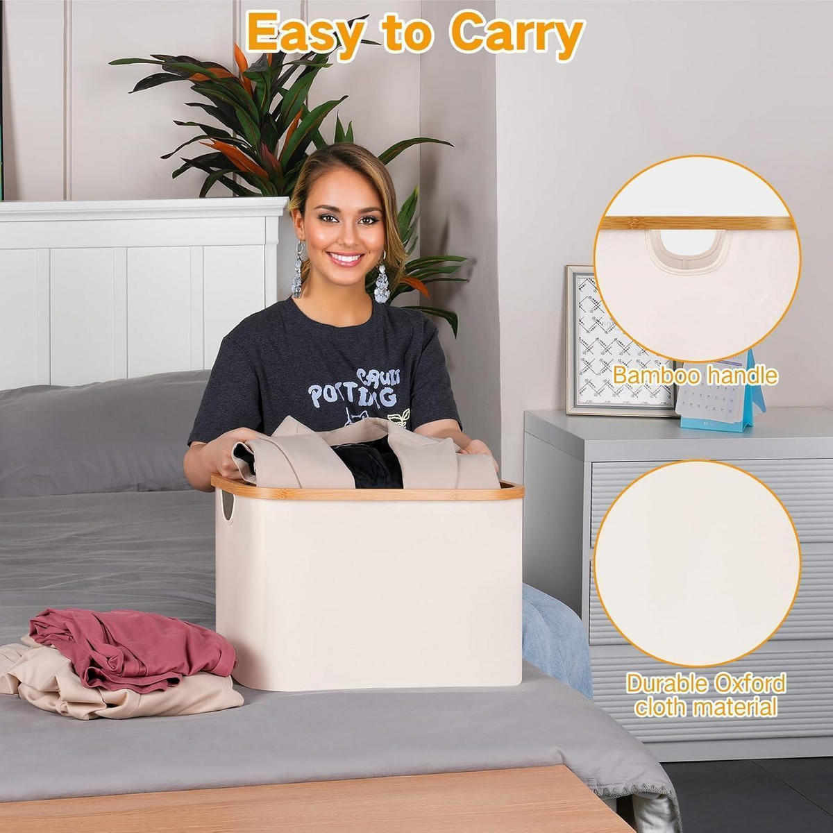 WÄSCHEKORB Bambus Stoff 50 Liter Beige - Creme, Naturmaterialien (33/33/44cm)