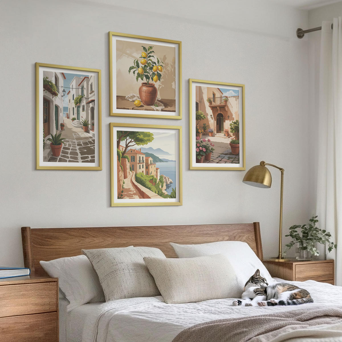 BILDER SET 4er Set - 50x50 cm & 40x60 cm Goldrahmen - Straßen, Häuser, Pflanzen, Töpfe - Goldfarben, Kunststoff (50/50cm) - TULUP