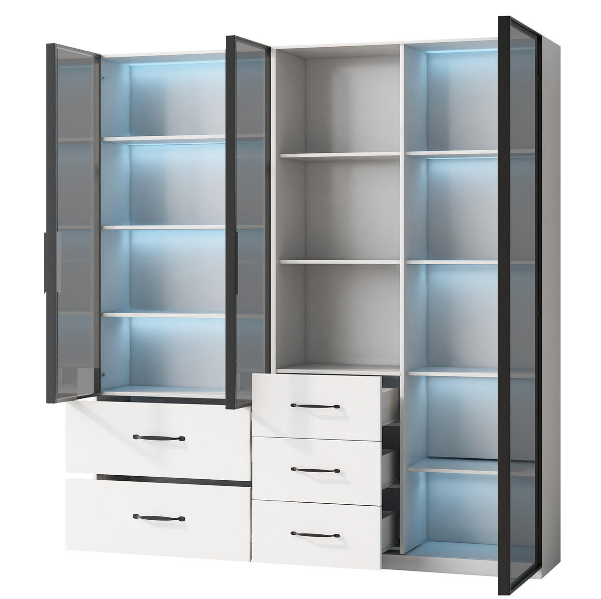 HIGHBOARD mit LED-Beleuchtung 140/40/160 cm in Weiß mit Glastüren und Schubladen - Weiß, Holzwerkstoff (140/160/40cm) - BEAOK