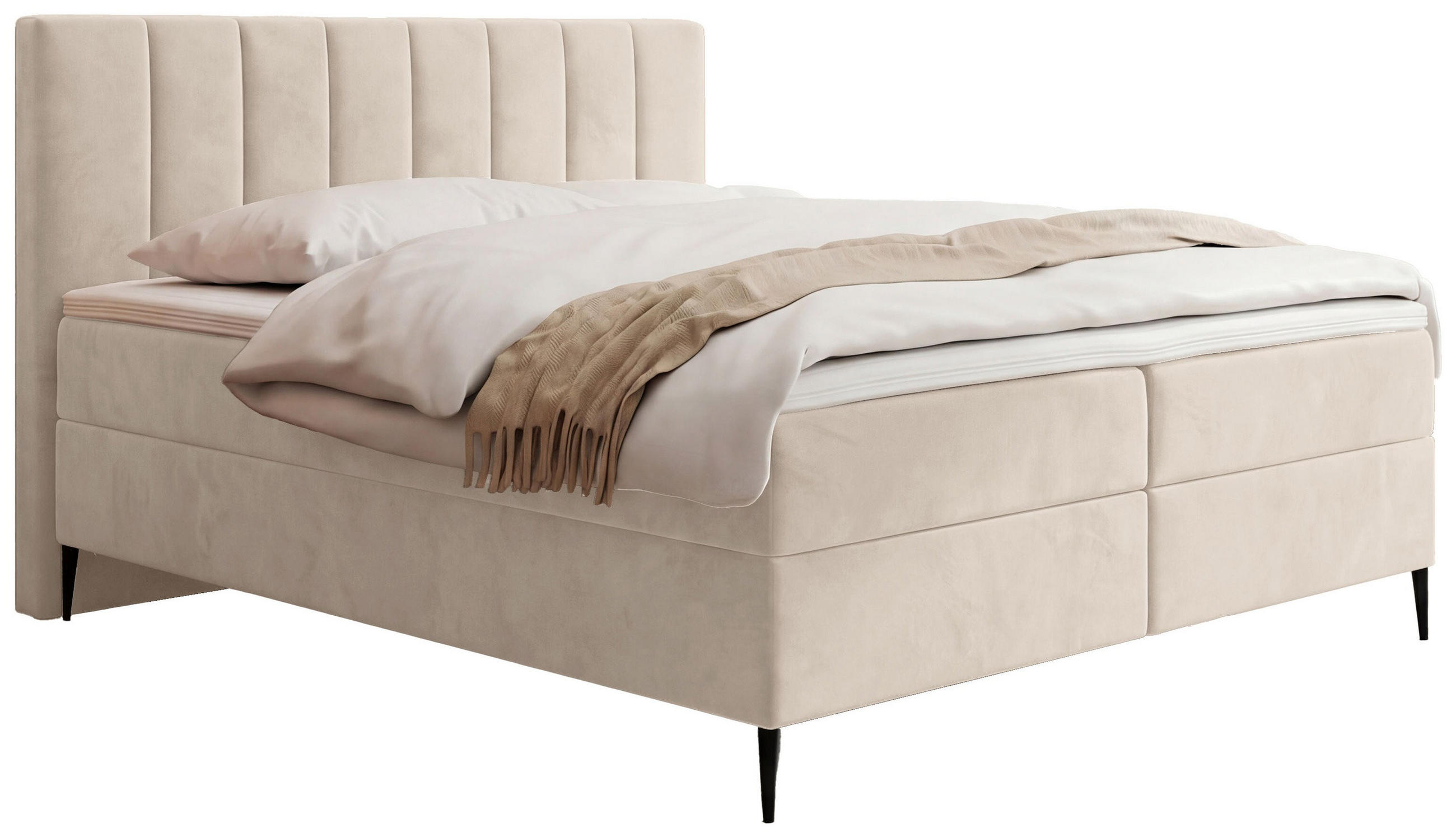 BOXBETT Allen mit Bettkasten, Samt Beige 140x200 cm – inkl. H4 Taschenfederkern Matratze & Foam Topper - Ecru/Beige, Holz/Holzwerkstoff (140/200cm) - WFL GROUP