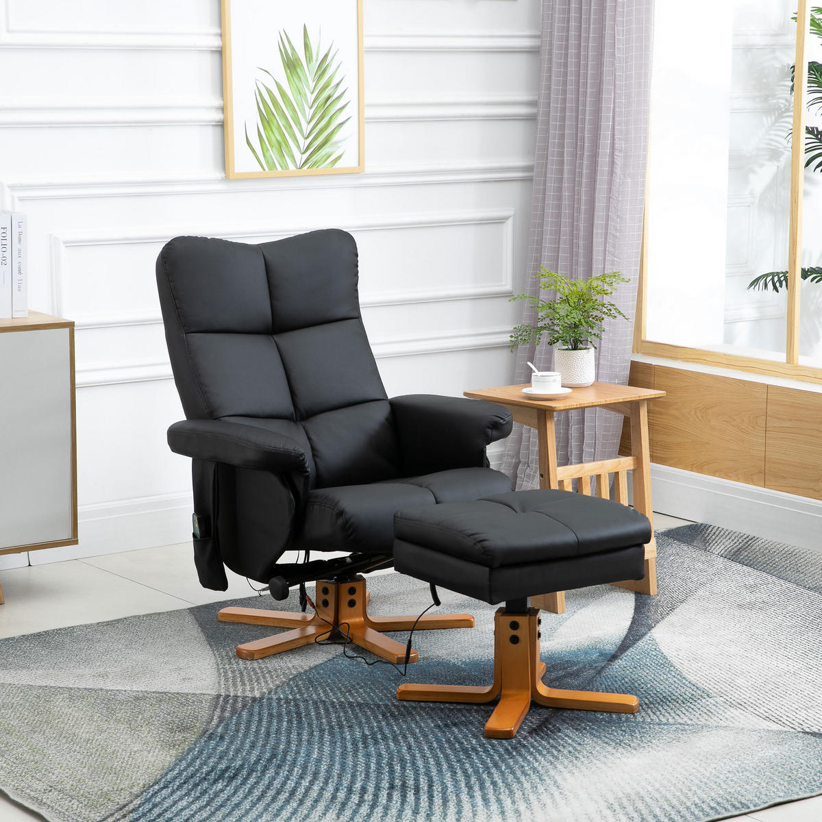 RELAXSESSEL mit Liegefunktion Massagesessel mit Fußhocker Polyester Schwarz - Schwarz, Leder/Holz (86/99/80cm) - HOMCOM