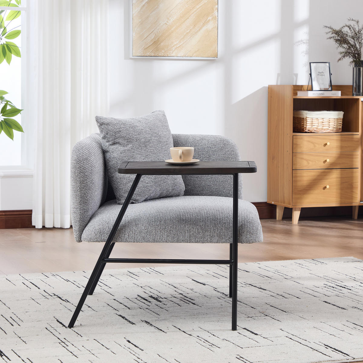 SESSEL Chenille Grau mit Beistelltisch und Seitentaschen - Grau, Textil/Metall (86/71/72cm) - WISHDOR