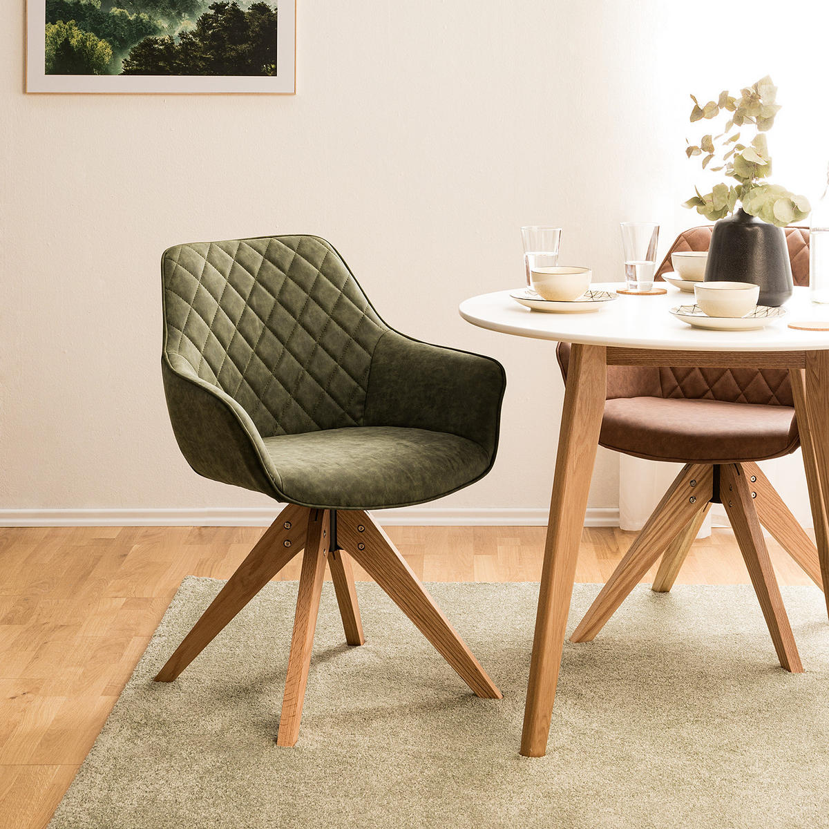 ARMLEHNENSTUHL - Eiche massiv - Eichefarben/Olivgrün, Leder (60/80/62cm) - home24