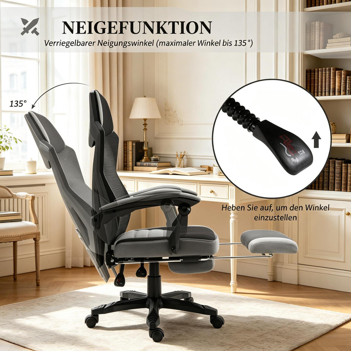 DREHSTUHL ergonomischer Gaming Bürostuhl mit Fußstütze bis 120 kg - Schwarz, Textil (58/112/63cm) - Gisaae