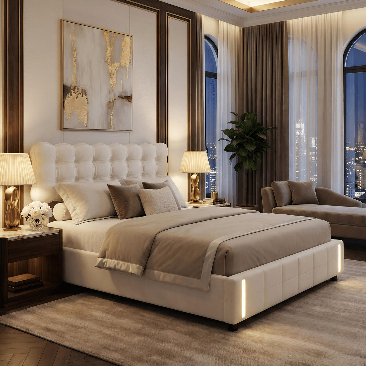 POLSTERBETT Eleganz 140/200 cm mit Bettkasten & Bewegungsmelder Samtoptik Beige - Beige, Textil (140/200cm) - Creahappy