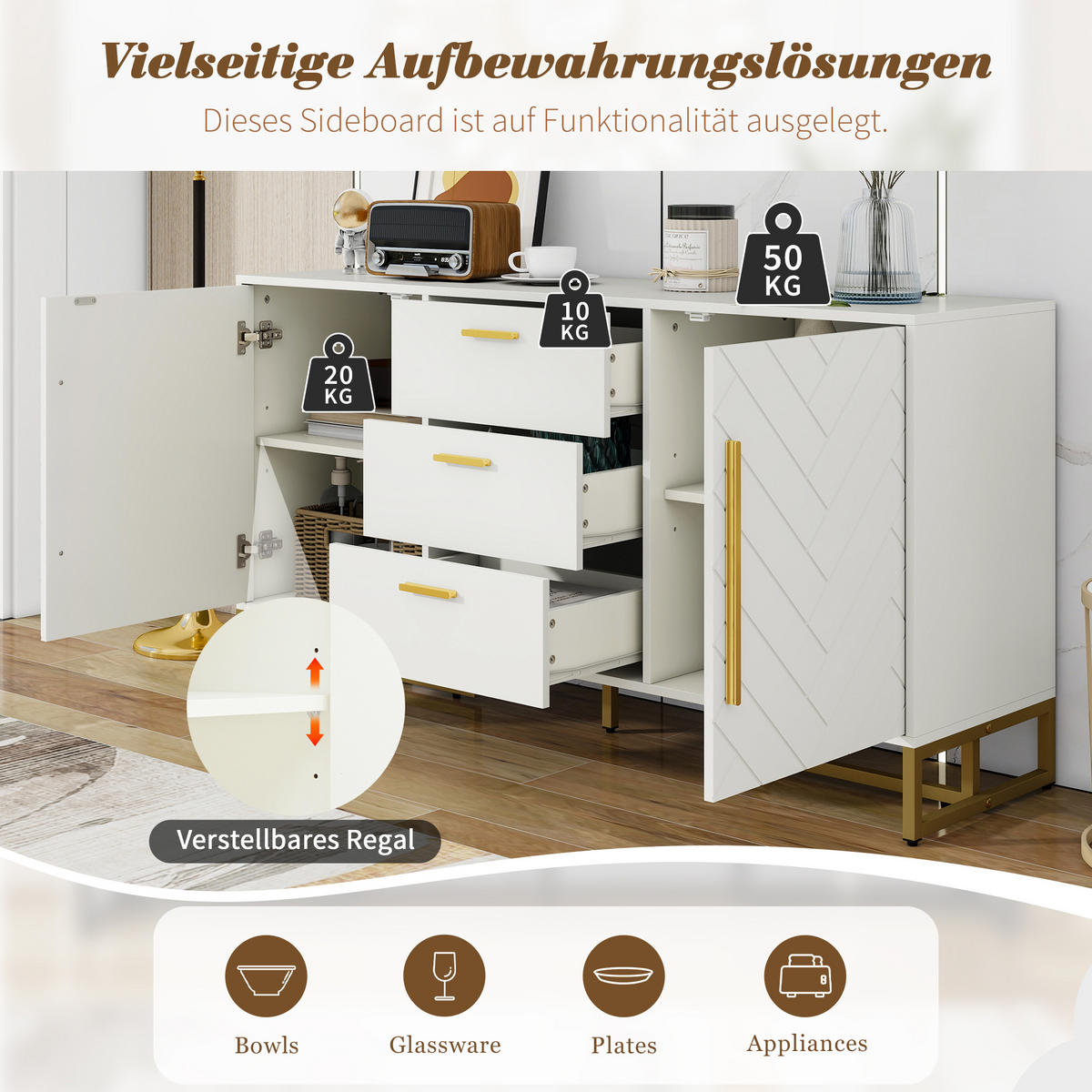 SIDEBOARD in Weiß Anrichte mit 2 Türen und 3 Schubladen für Esszimmer, Wohnzimmer und Küche, B145/T40/H75 cm - Goldfarben/Weiß, Holzwerkstoff/Metall (145/75/40cm) - STILVORA