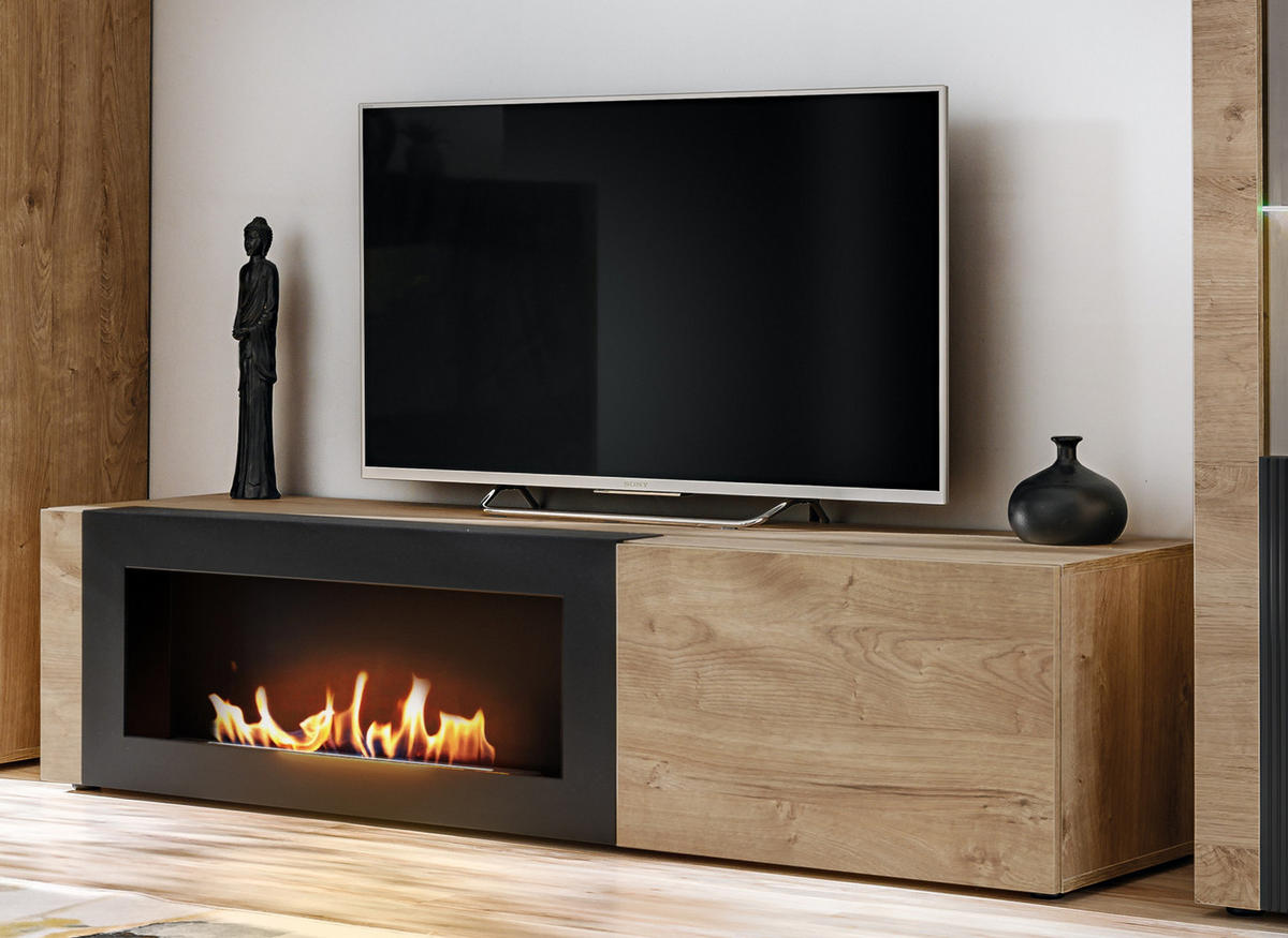 TV-LOWBOARD Ribbeck Eiche, schwarz 160 cm, TV Unterschrank mit Ethanol Kamin - Eichefarben/Schwarz, Holzwerkstoff/Kunststoff (160/45/42cm) - Inn.Furn