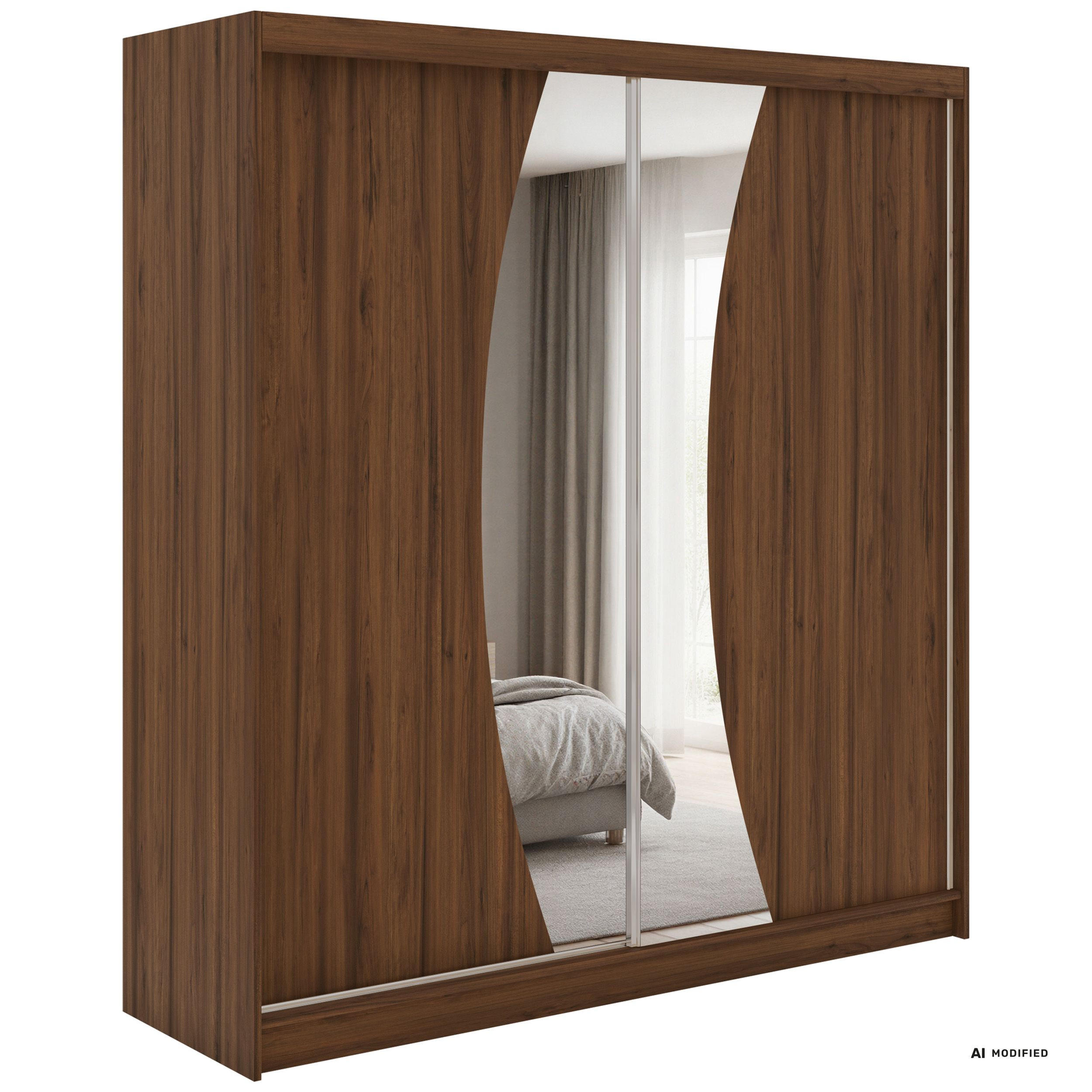 SCHWEBETÜRENSCHRANK mit Schubladen 200 - VERONA - Warmia Walnuss mit Spiegel - Walnussfarben/Alufarben, Holzwerkstoff/Metall (200/216/61cm) - MKS