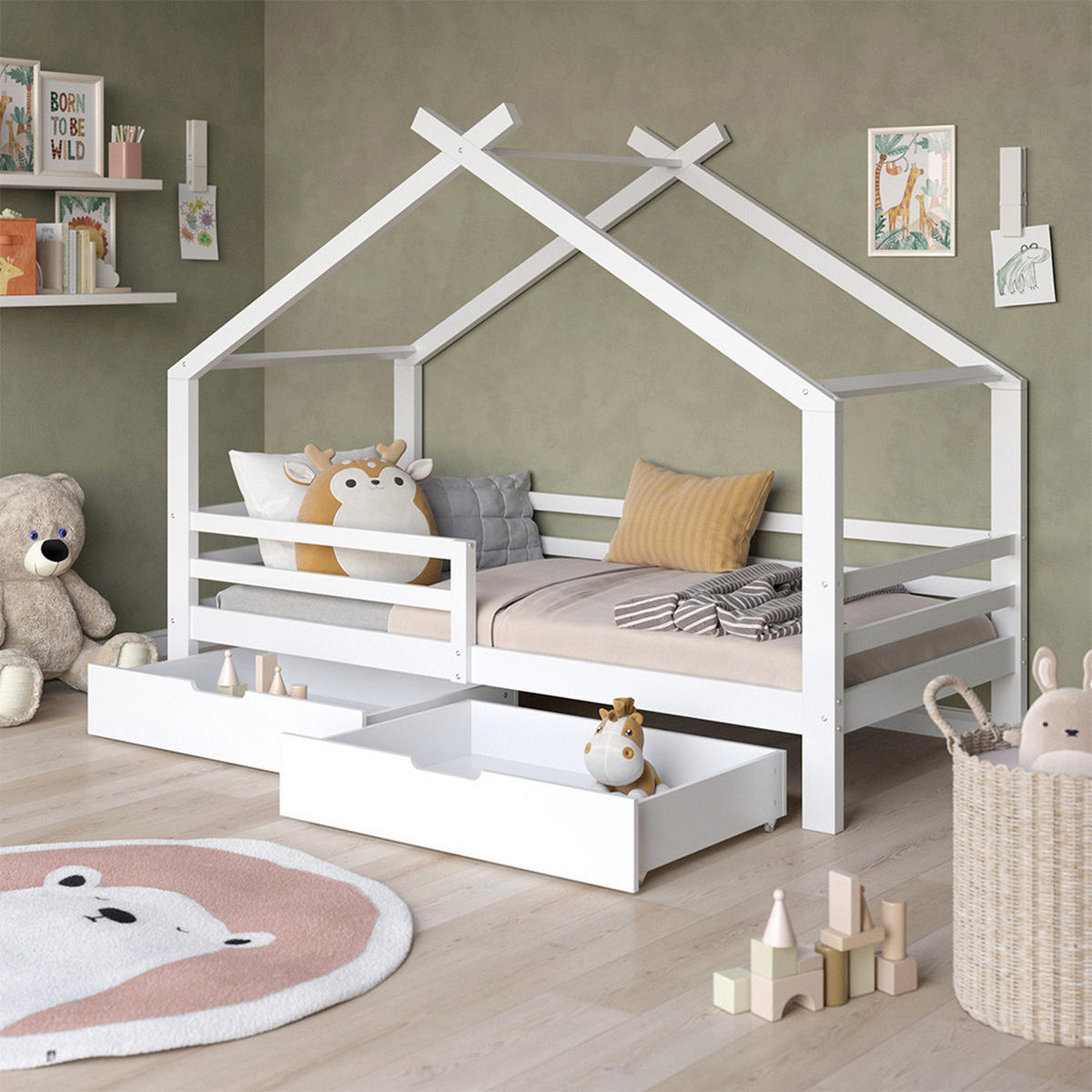 HAUSBETT Luni Weiß 200 x 90 cm mit Schubladen und Matratze - Weiß, Holz - VitaliSpa