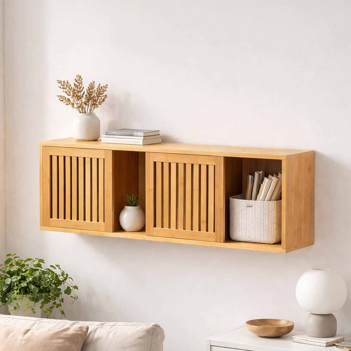 WANDREGAL Natur Bambus 2-Schiebetüren 92,5 cm - Hellbraun, Holz (92.5/33/20cm) - Relaxdays