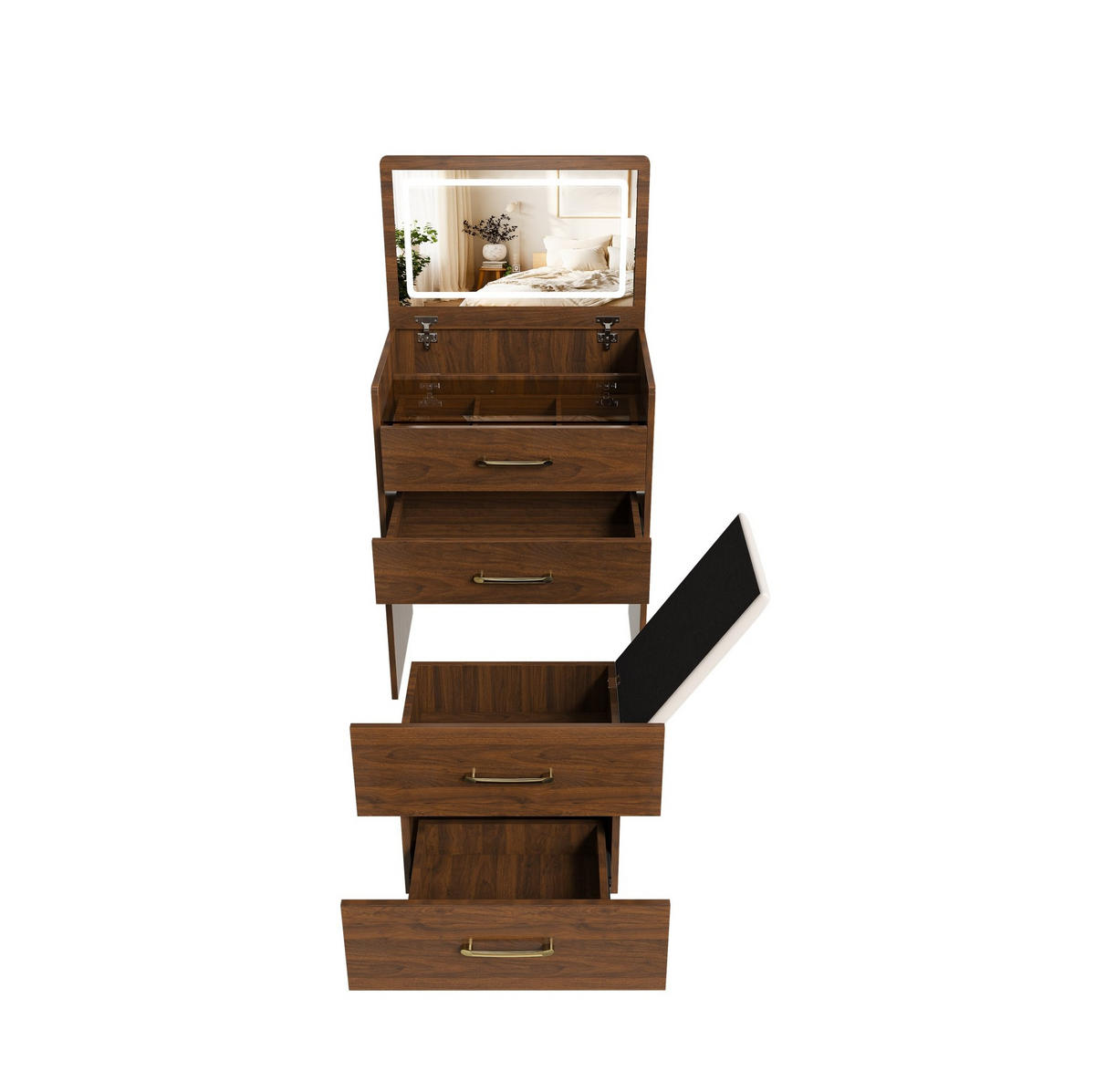 SCHMINKTISCH 40/60/118 cm mit aufklappbarem Spiegel, Glasplatte, 3-in-1-Funktion und Hocker, Walnuss - Weiß, Holzwerkstoff (60/118/40cm) - Redom